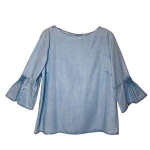 Denim Blue J.Jill Lyocell Chambray Pleated Ruffle Bell Sleeve Tunic Sz: Medium